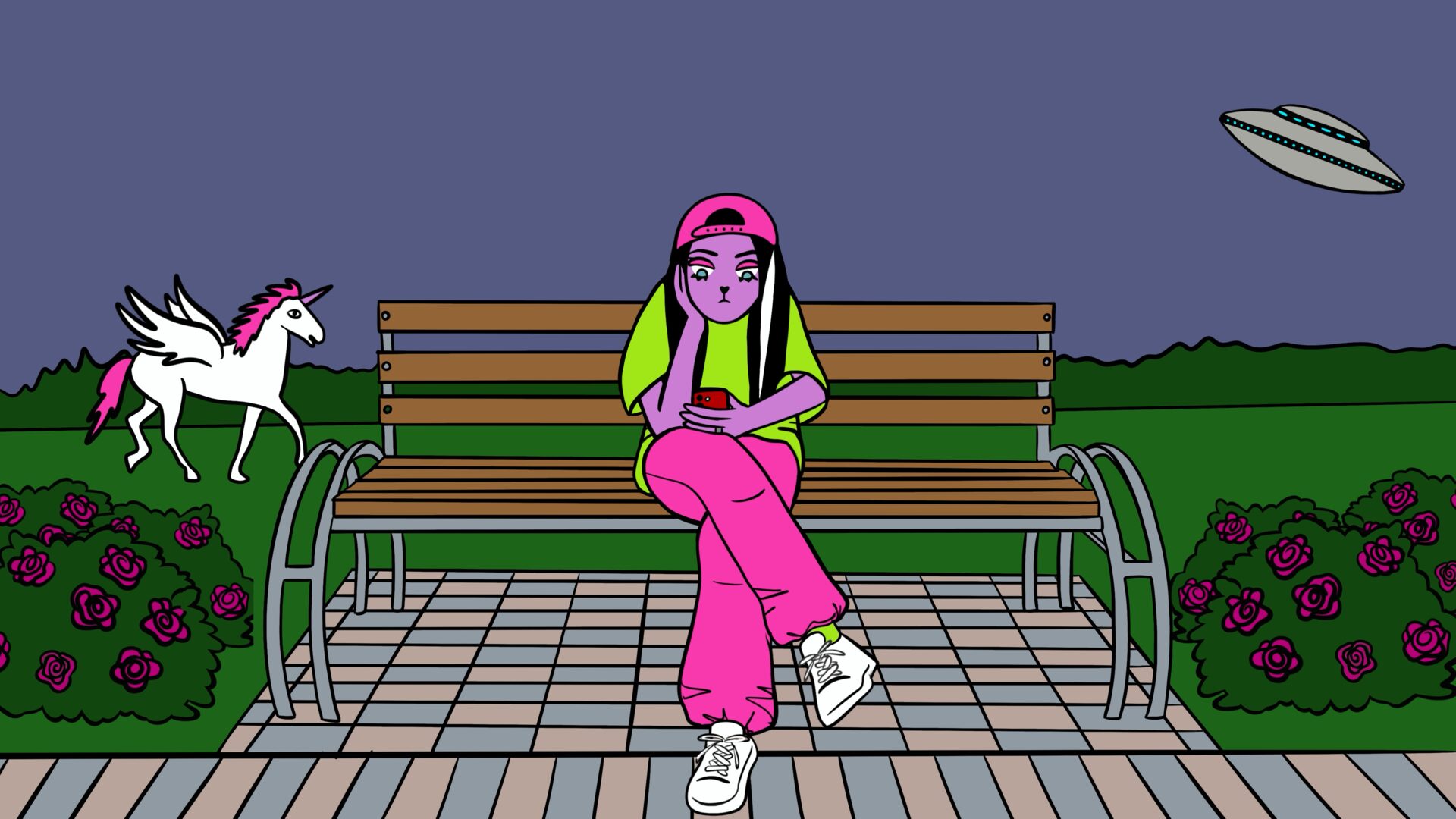 Frame from the animated universe of vesnavoseny — the heroine on a park bench under the evening sky