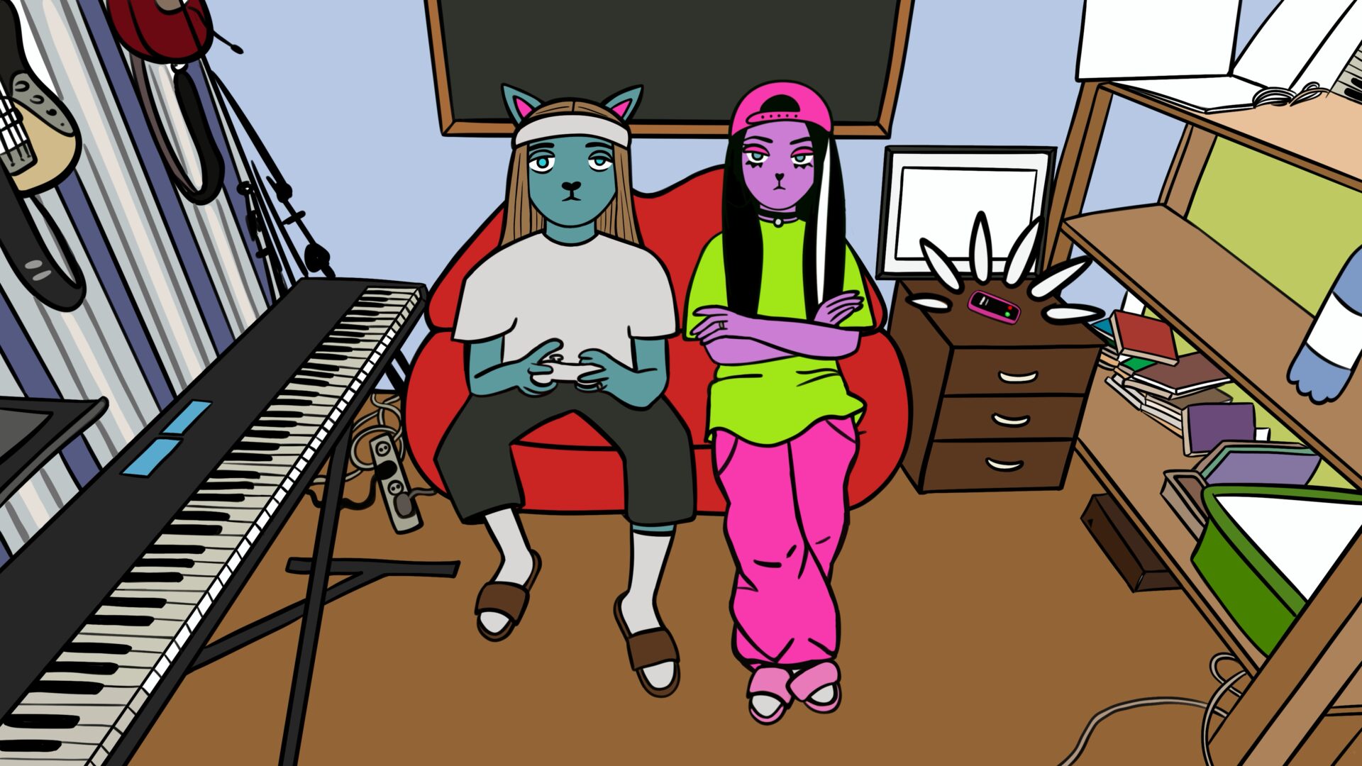 Frame from the animated universe of vesnavoseny — the duo on a couch in a home studio